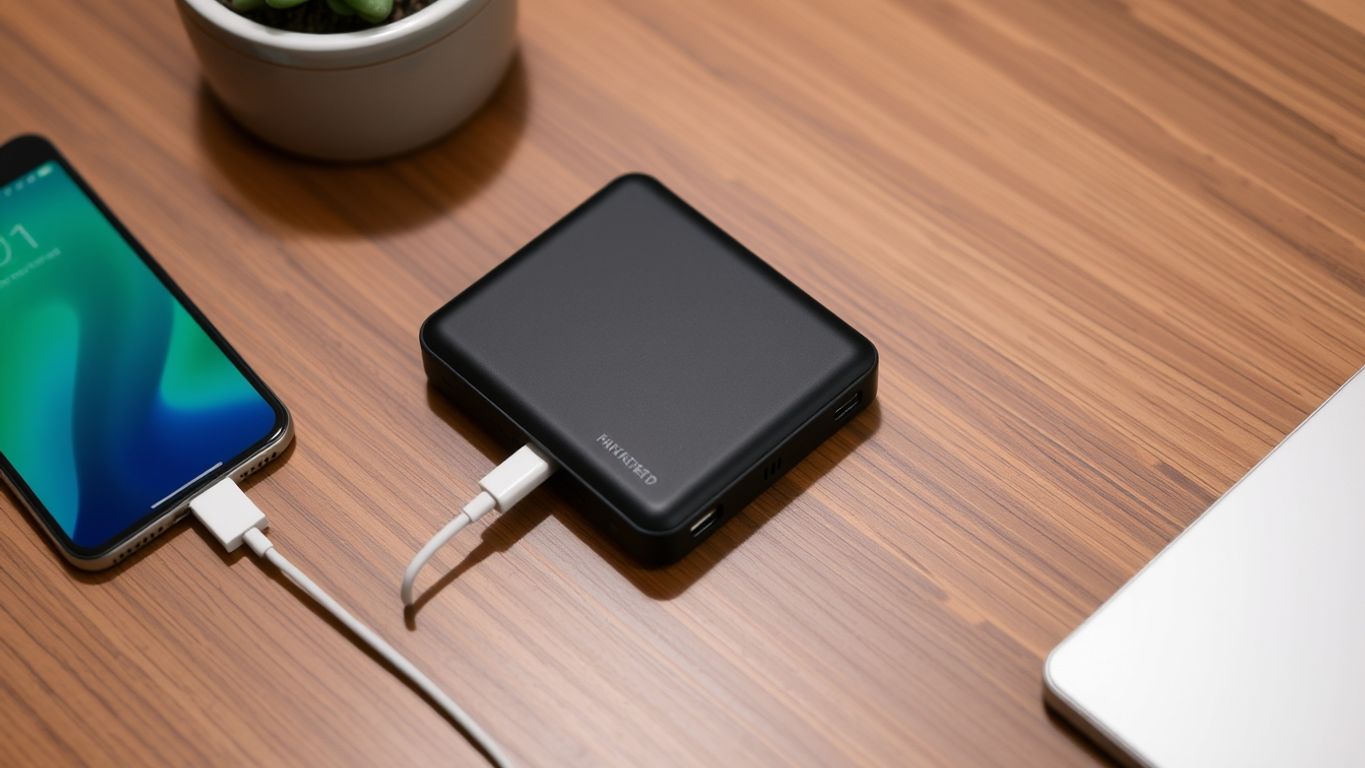 Wireless power bank with devices on a wooden table.