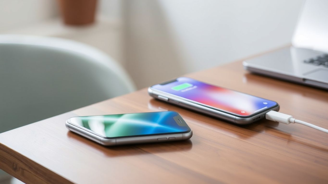 Wireless power bank charging smartphone on a wooden surface.