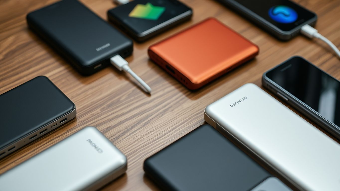 Various wireless power banks on a wooden surface.