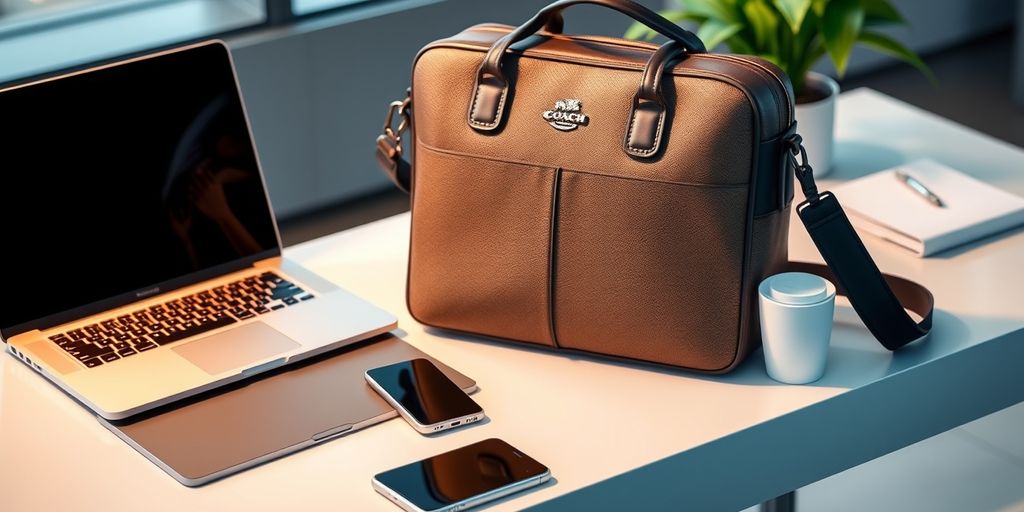 Coach laptop bag on office desk